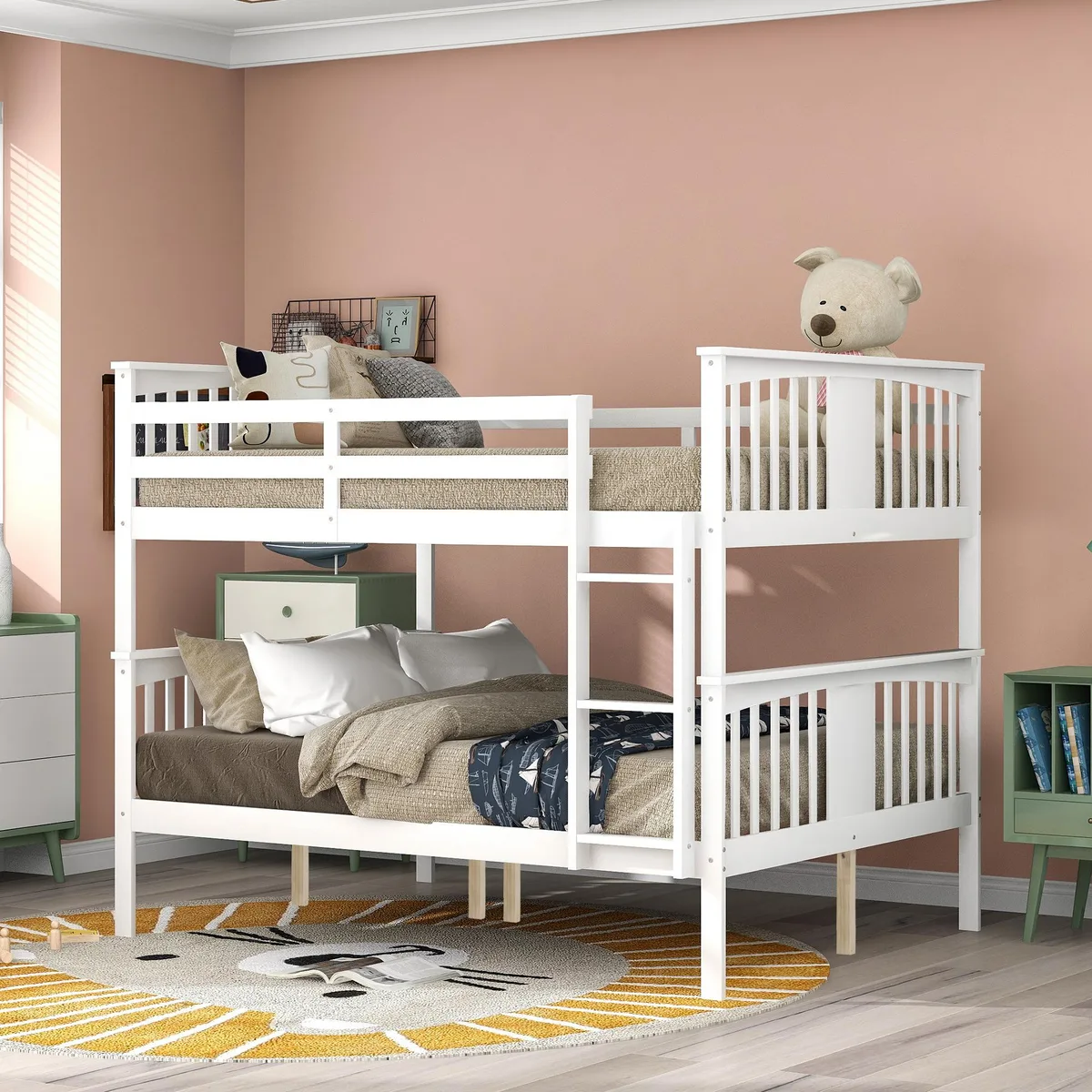 White solid-wood full-over-full bunk bed with ladder and guardrails