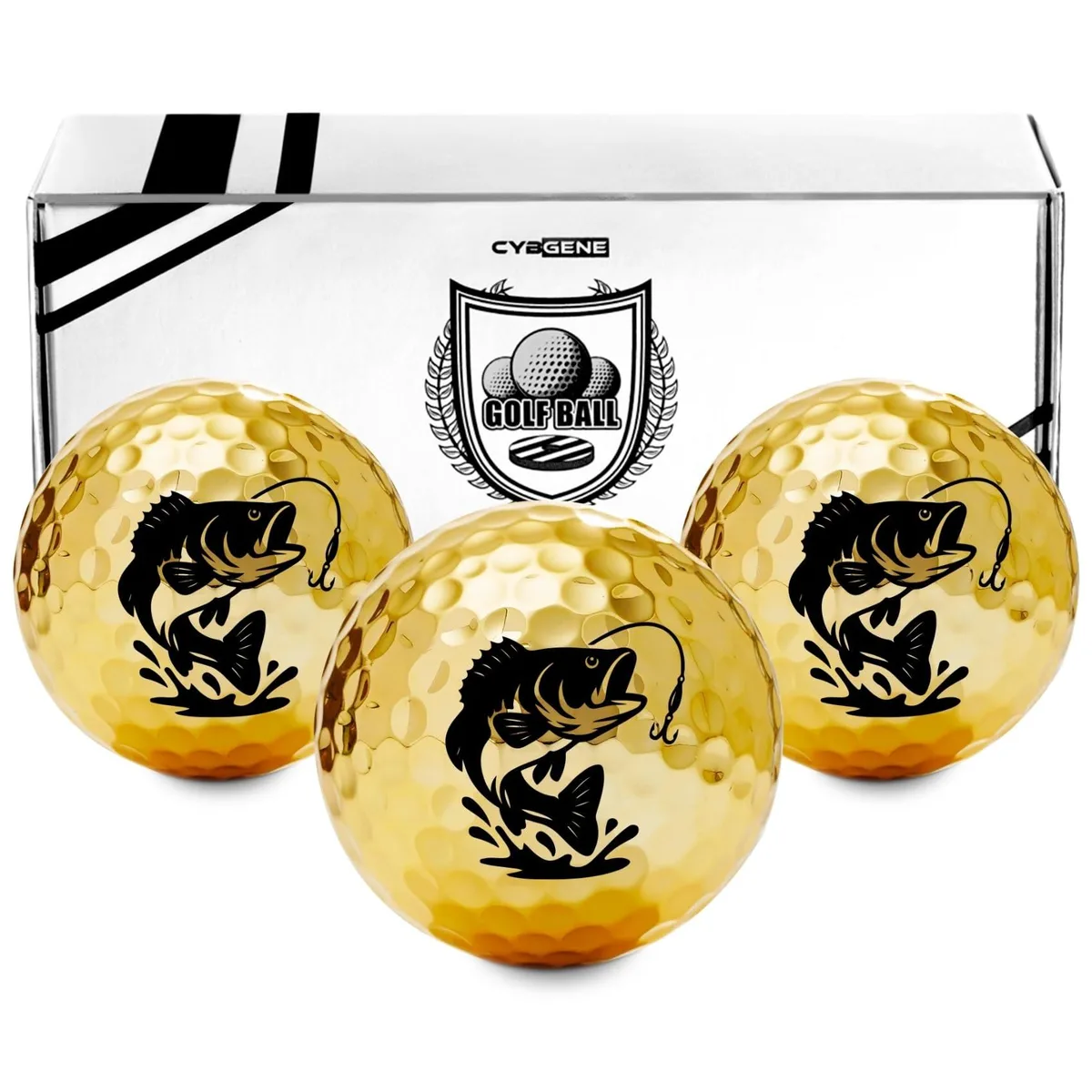 Three gold golf balls with fishing design, multi-layer TPU construction
