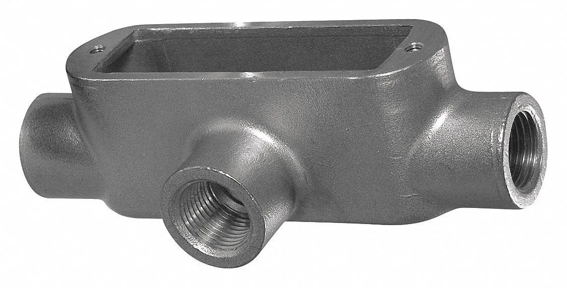 Silver stainless steel T-style conduit outlet body with cover, 3/4 inch threaded hub