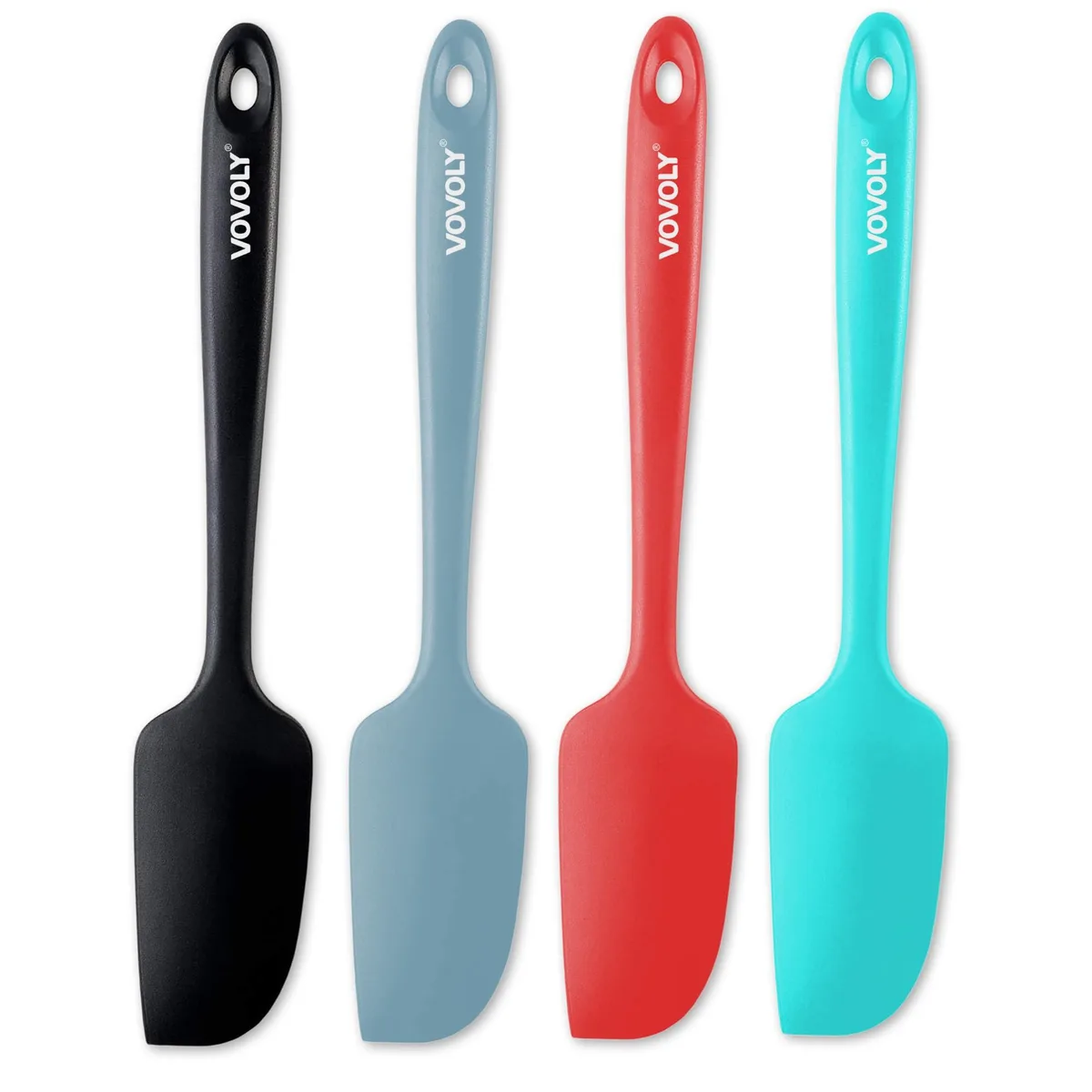 Four small silicone spatulas, 8.8 inches long, rectangular heads, seamless one-piece design