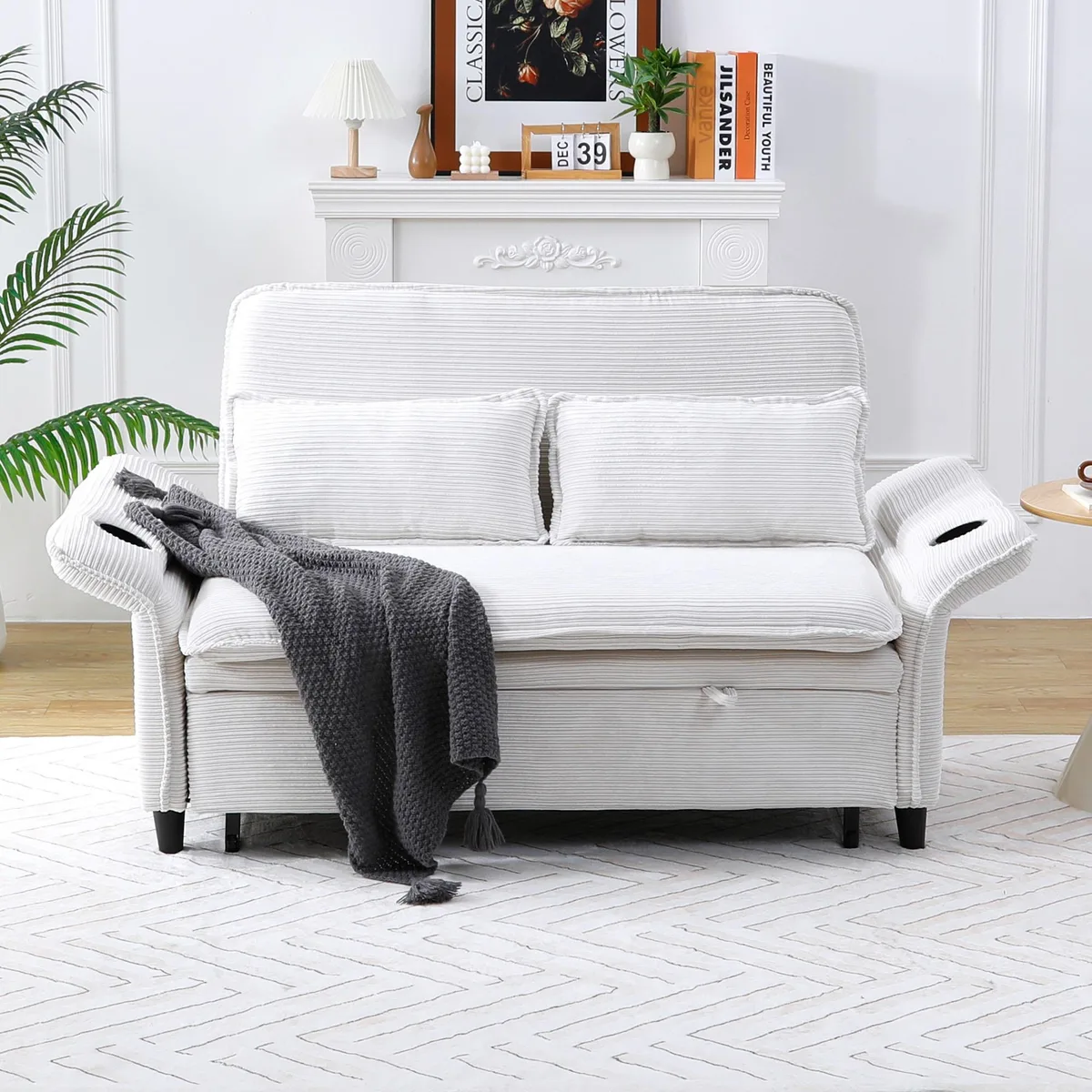 Beige corduroy sofa bed with striped pattern and adjustable armrests and backrests