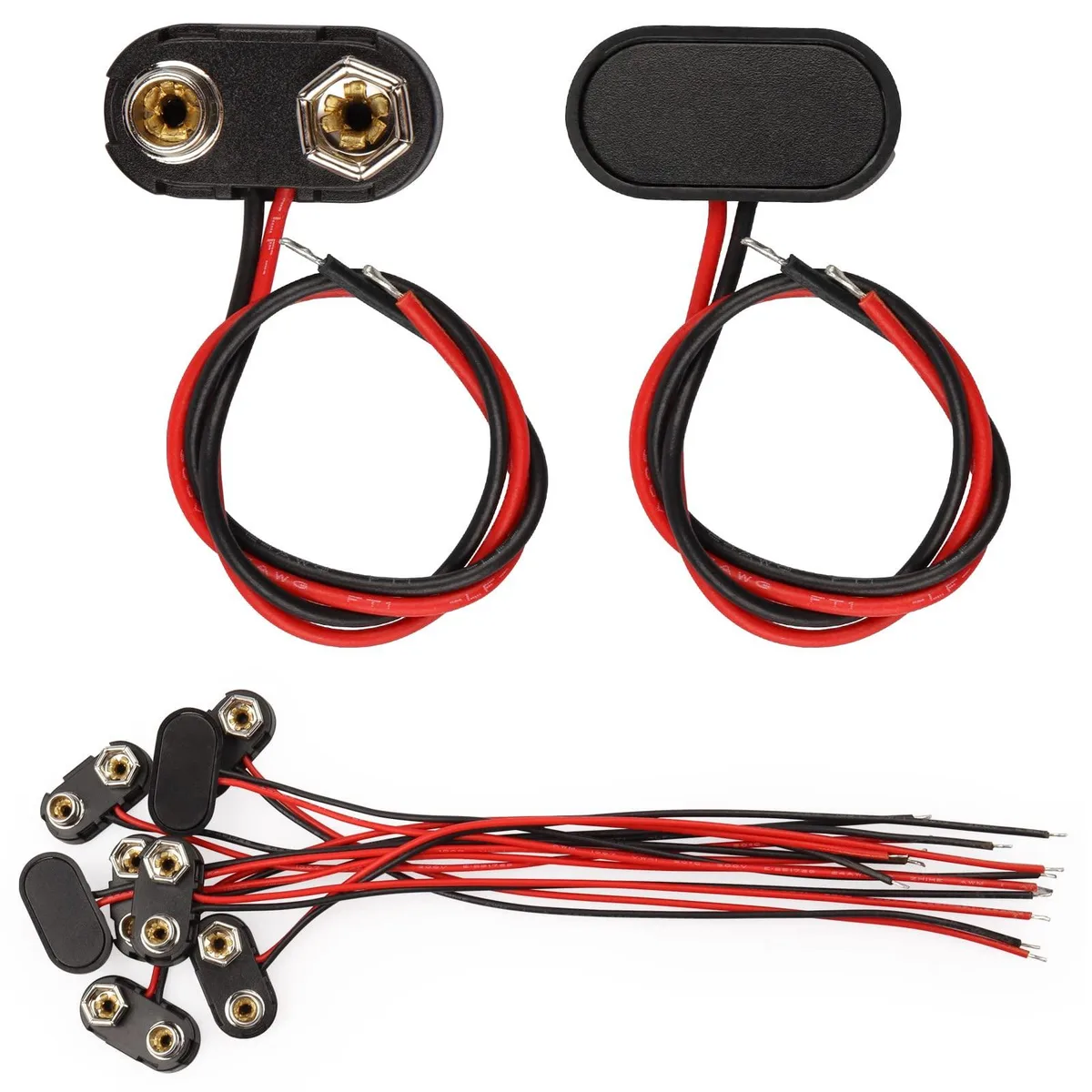 Ten black T-type 9V battery clips with red and black 15 cm leads