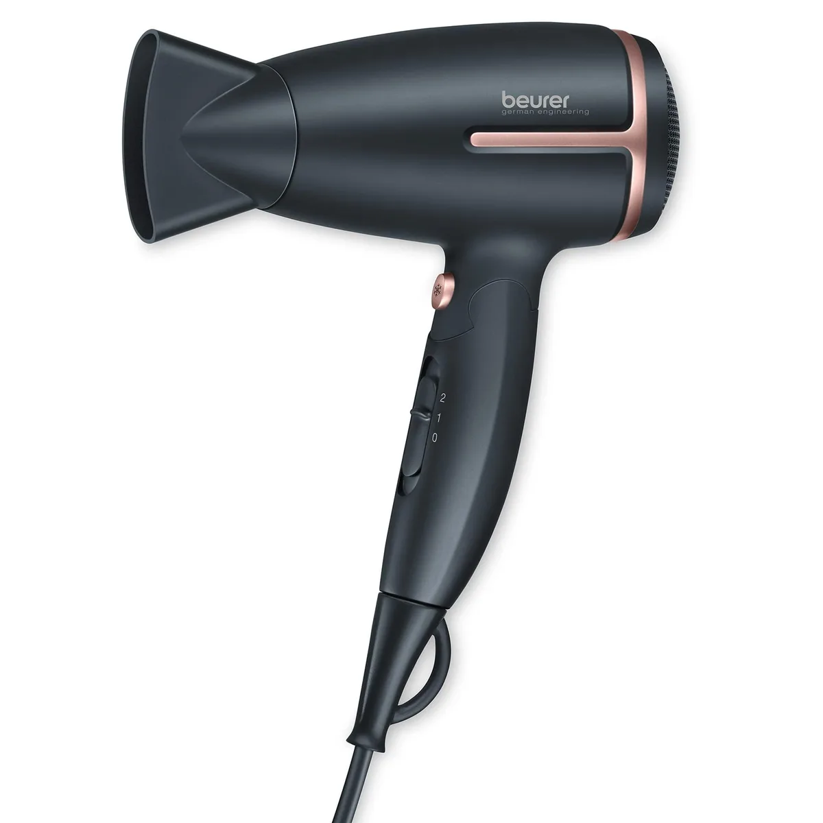 Black and rose gold ionic hair dryer with foldable handle and concentrator nozzle