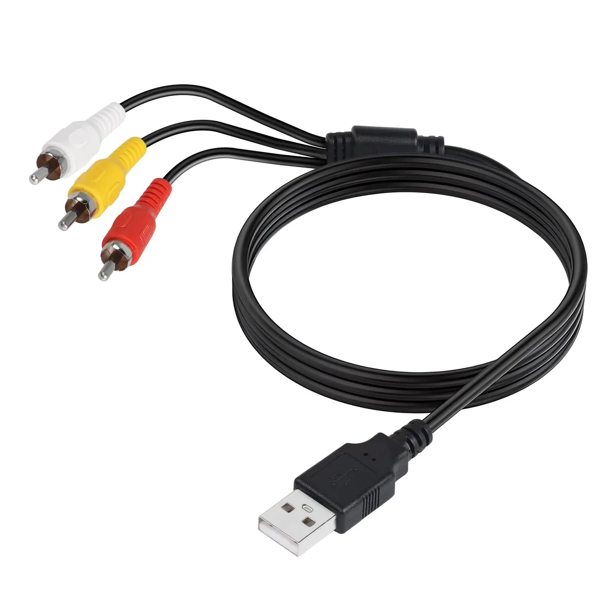 Black USB-A plug to three RCA plugs on 1.5m cable