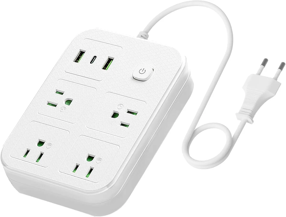 European Travel Plug Adapter 4 AC Outlets 1 USB C 2 USB Ports 10A 15W 3ft — product photo