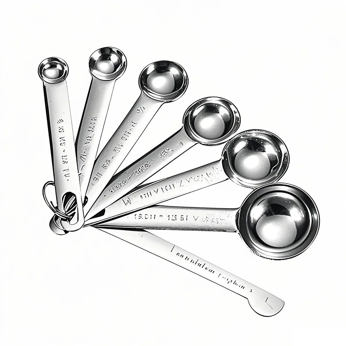 Seven stainless steel measuring spoons on a ring, sizes from 0.62 ml to 15 ml