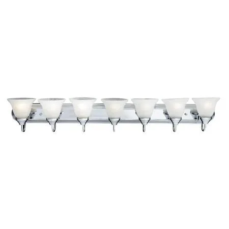 Polished chrome 48-inch bathroom vanity light with seven glass shades
