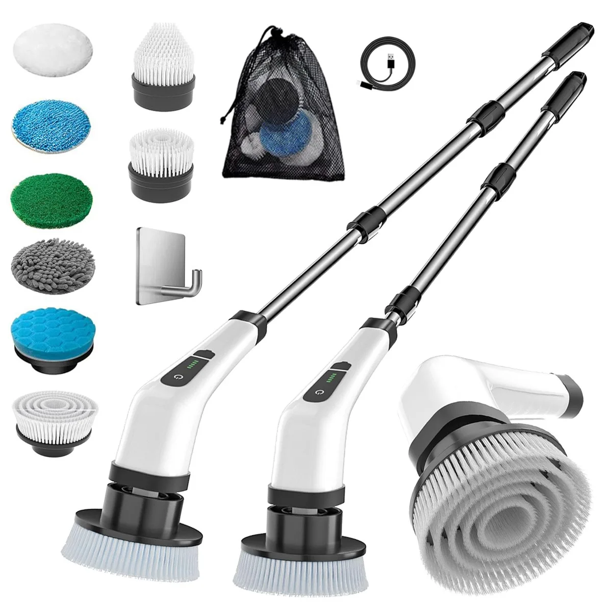 White cordless electric spin scrubber with telescopic handle and eight interchangeable brush heads