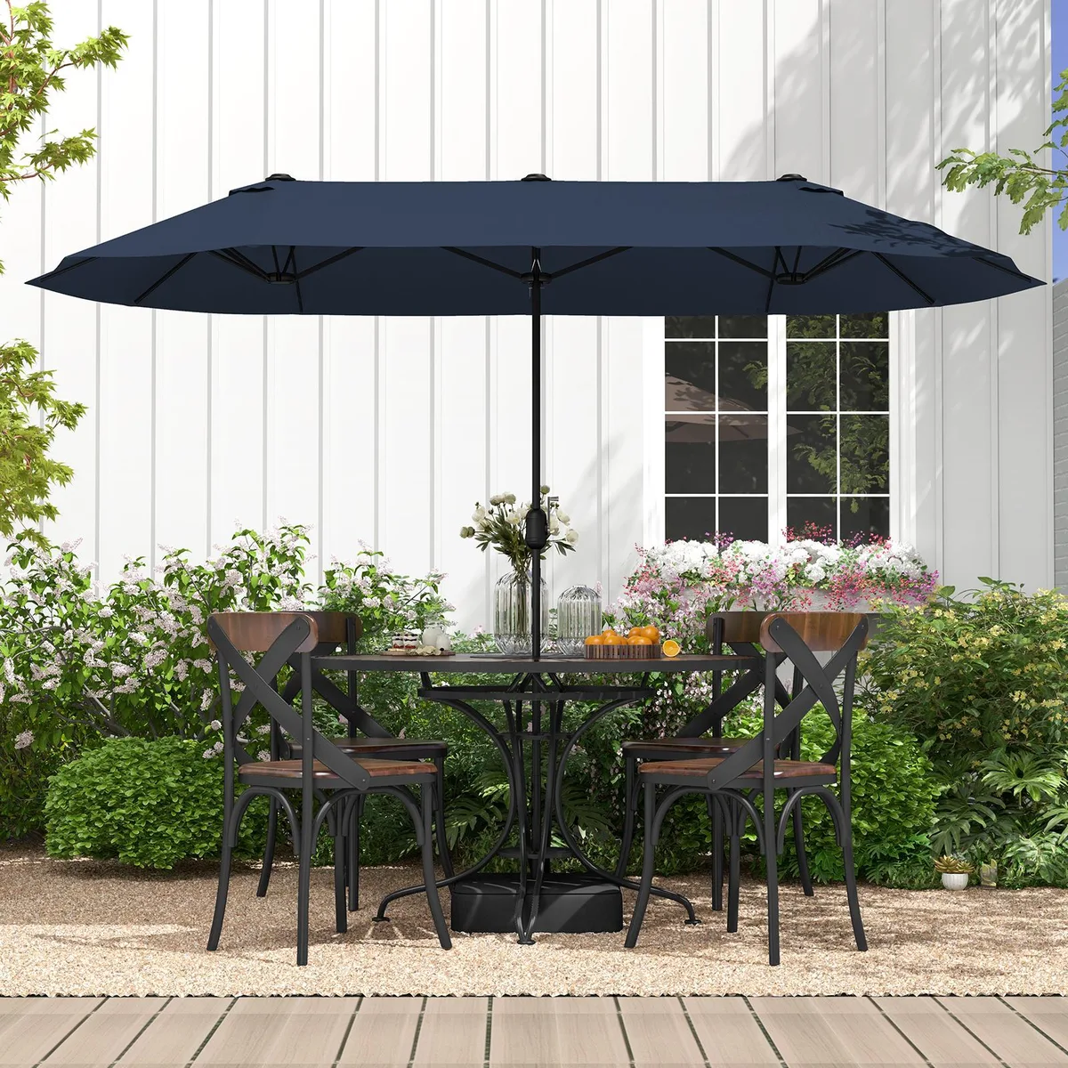 Navy double-sided patio umbrella with crank handle and metal ribs, 13 ft wide