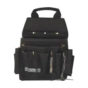 Black polyester tool pouch with eleven pockets, carry handle and snap closure