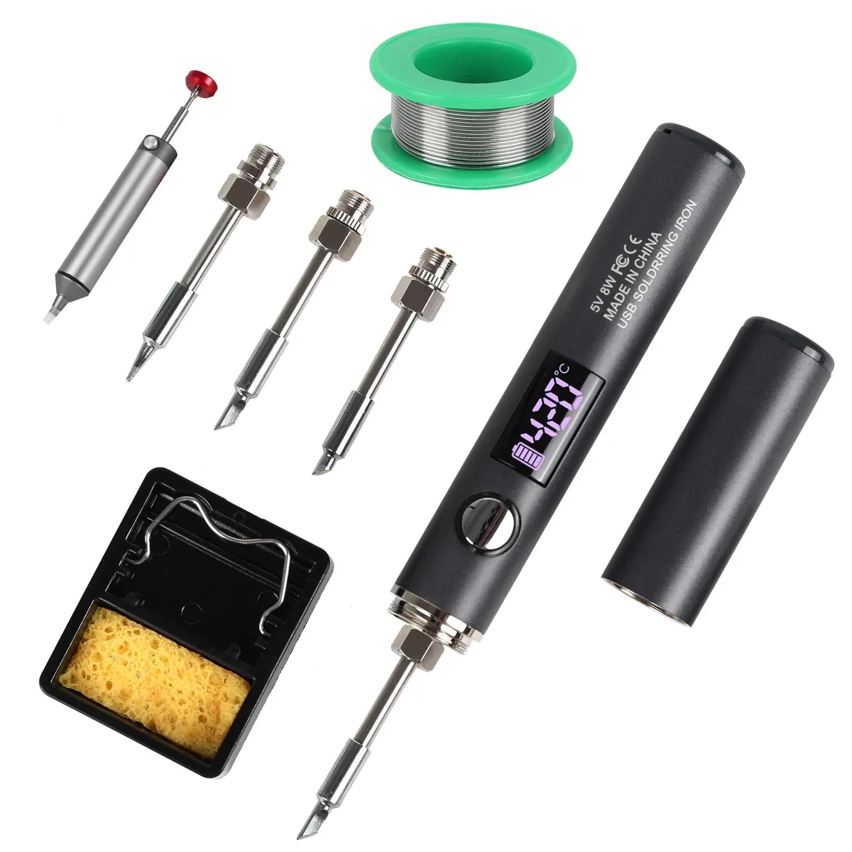 Cordless soldering pen with OLED screen, three tips and solder wire