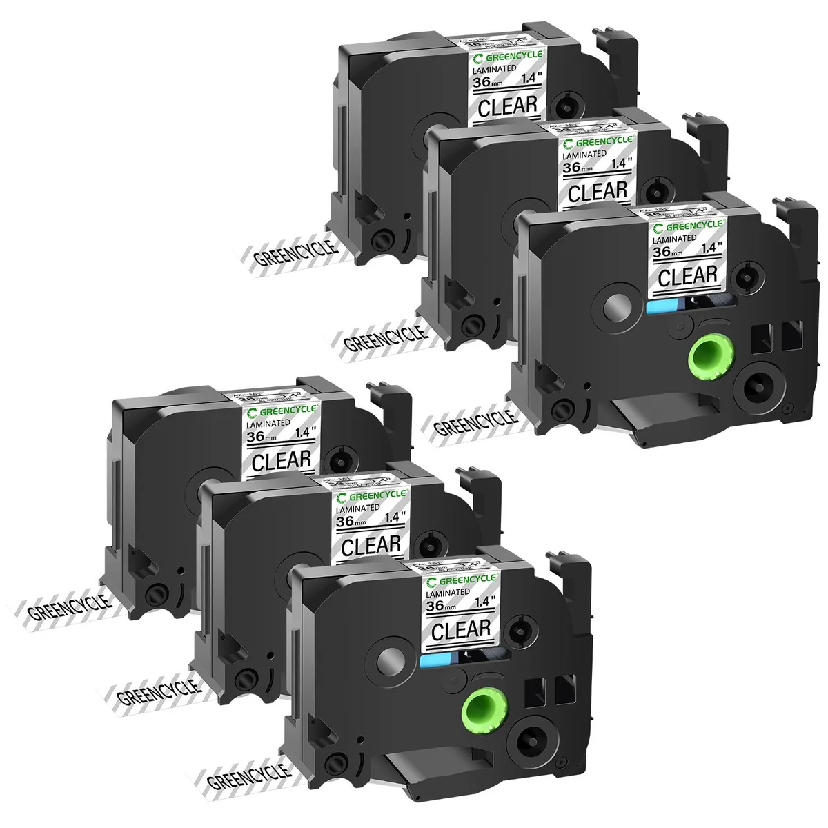 GREENCYCLE GREENCYCLE TZe-161 36mm Black on Clear Laminated Tape 6 Pack — product photo