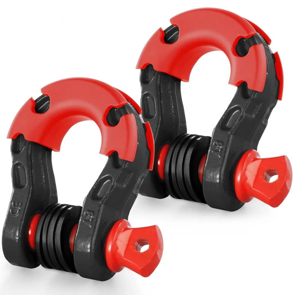 Two black D-ring shackles with red screw pins and washers, alloy steel construction