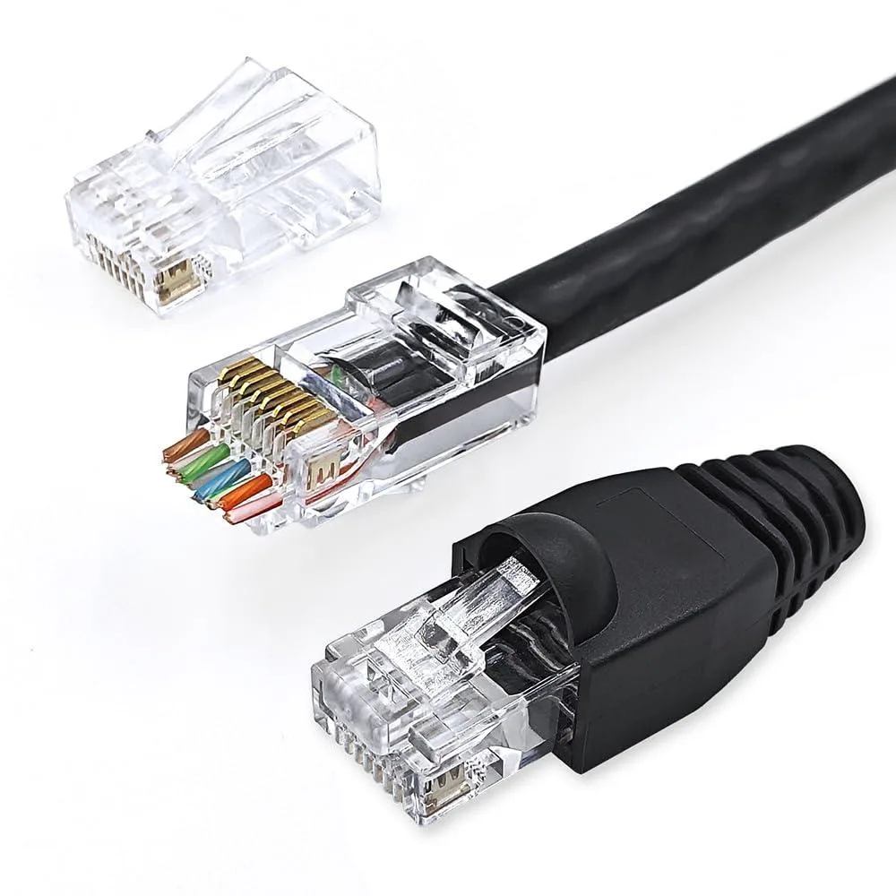Fifty black pass-through RJ45 connectors with matching strain-relief boots, loose in a bulk pack