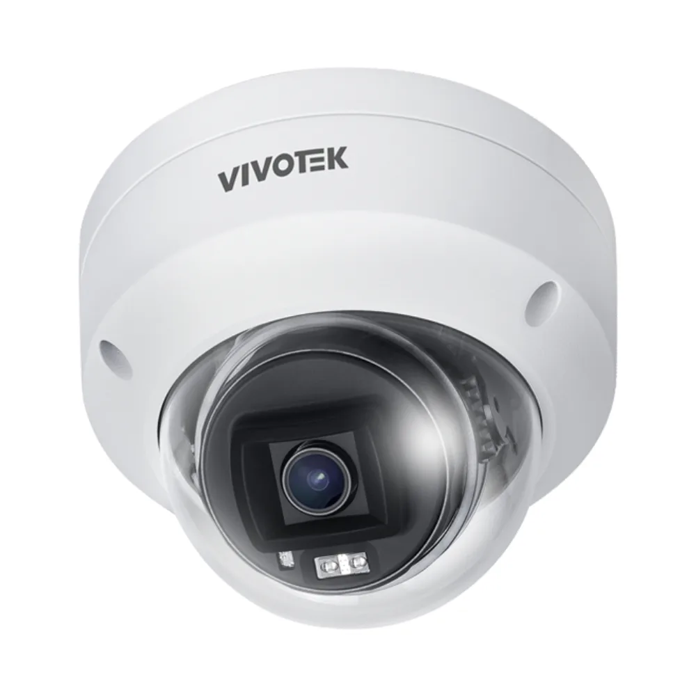 White outdoor fixed dome network camera with clear bubble lens and metal base