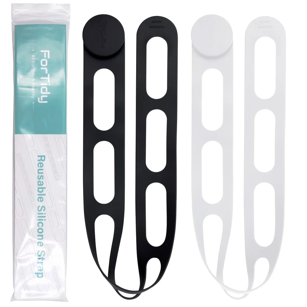 Two black and white silicone straps with button fasteners, 21.65 inches long, flexible and self-locking
