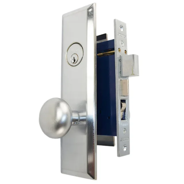 Satin chrome mortise lockset with left-hand lever and thru-bolted knobs