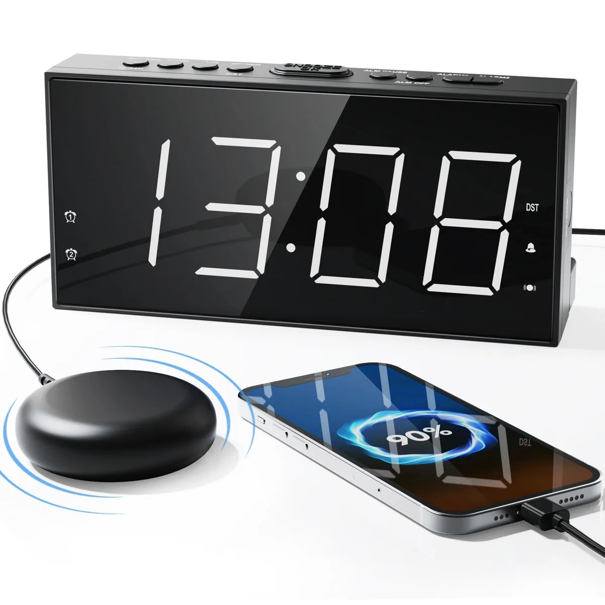 White digital alarm clock with 7.5 inch display and long wired bed shaker