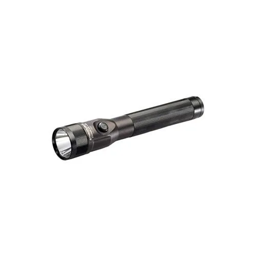 Black rechargeable flashlight with dual switches and snap-in charger