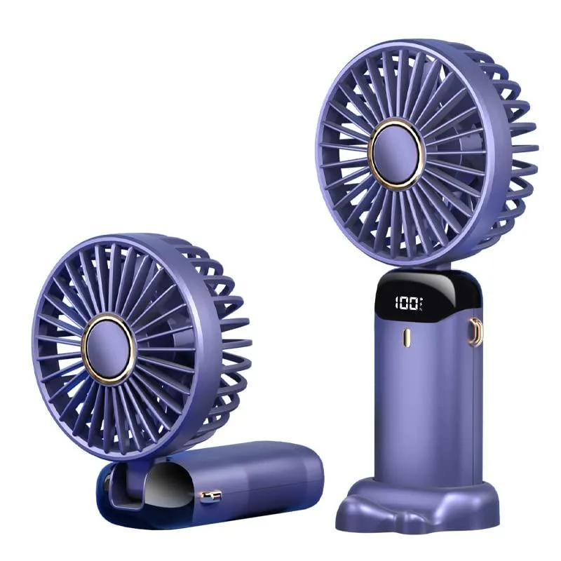 Silver handheld fan with foldable stand and digital display