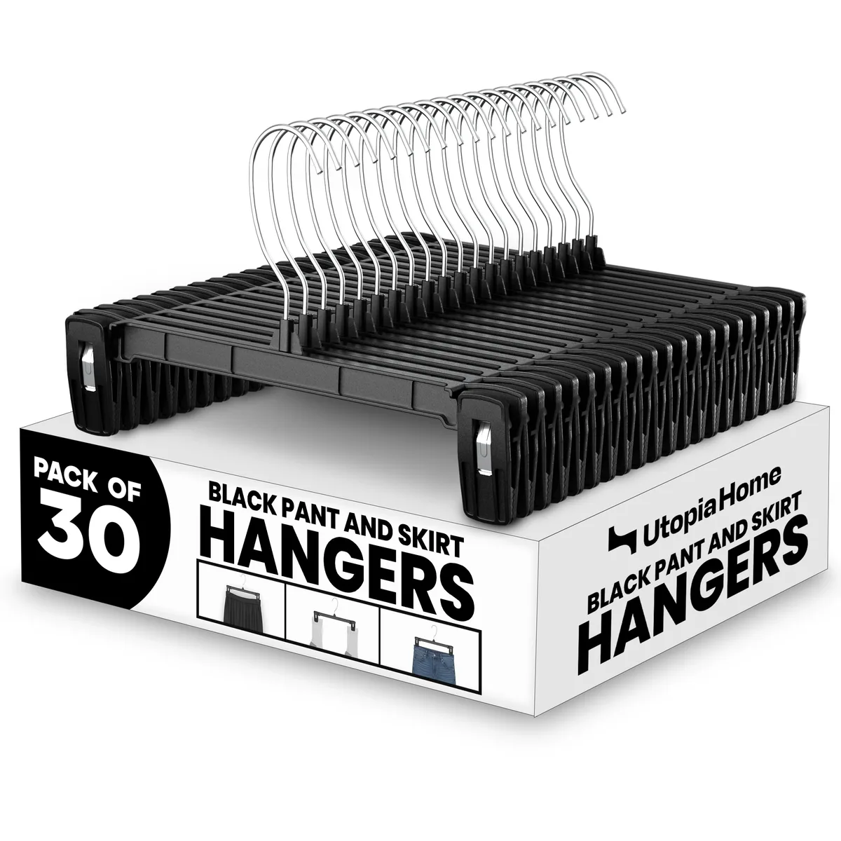 Thirty white plastic skirt hangers with metal clips and rotating hooks