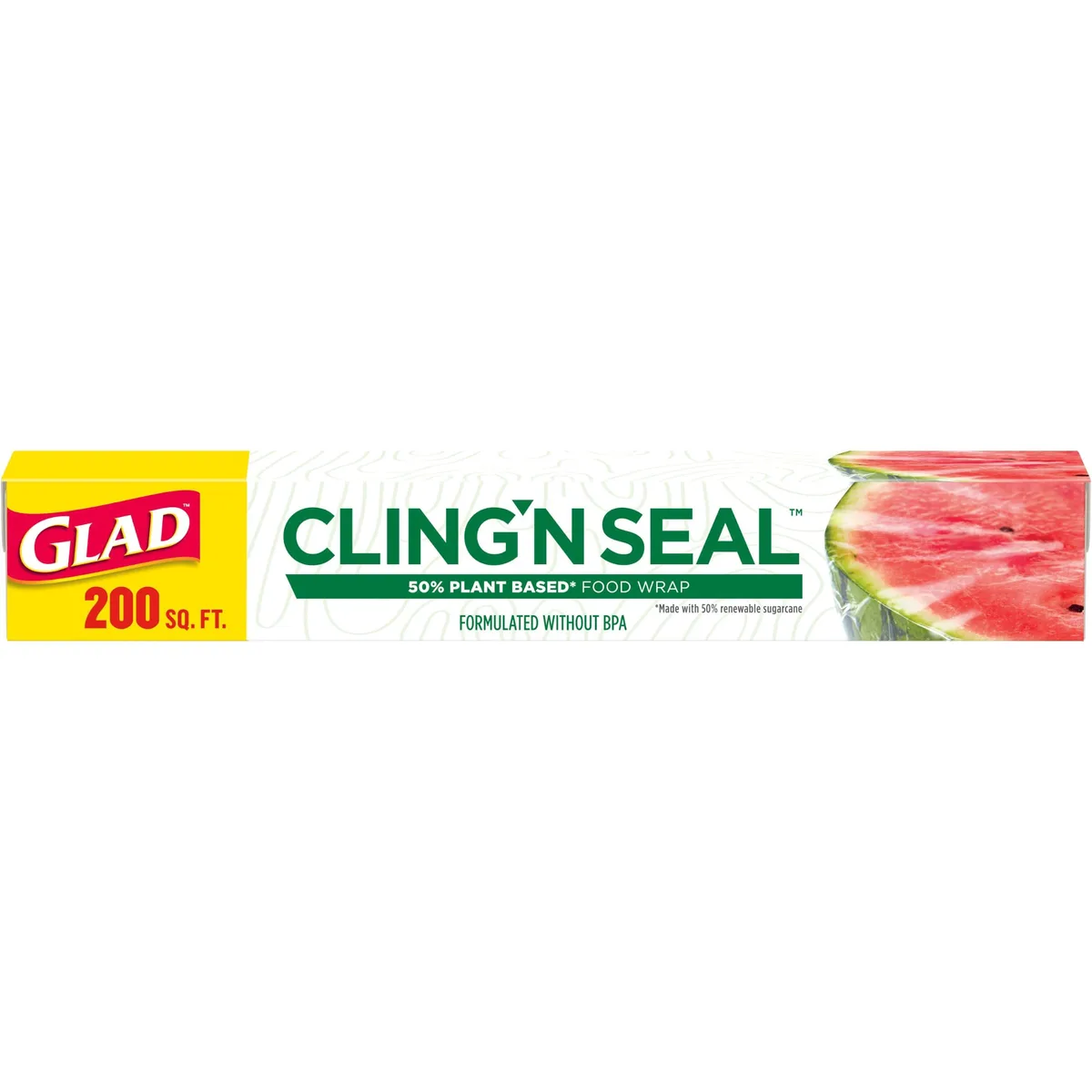 Rectangular cardboard box containing a roll of cling film with green and white packaging