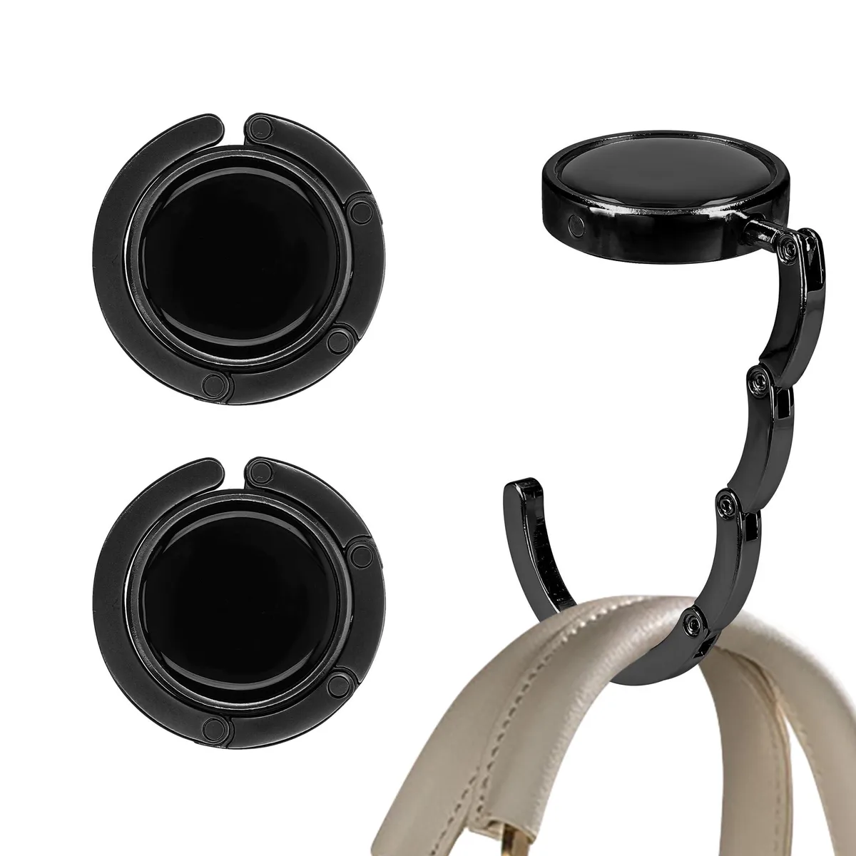 Two black folding metal hooks with magnetic closure and non-slip base