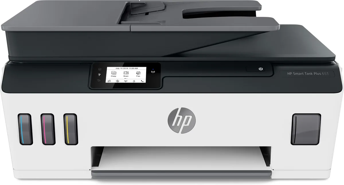 White rectangular all-in-one inkjet printer with front ink tanks and flatbed scanner