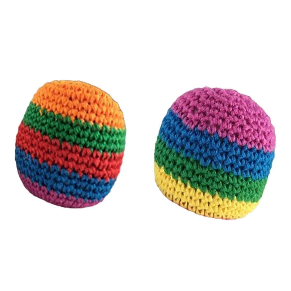Two red hand-crocheted cotton footbags with sand filling