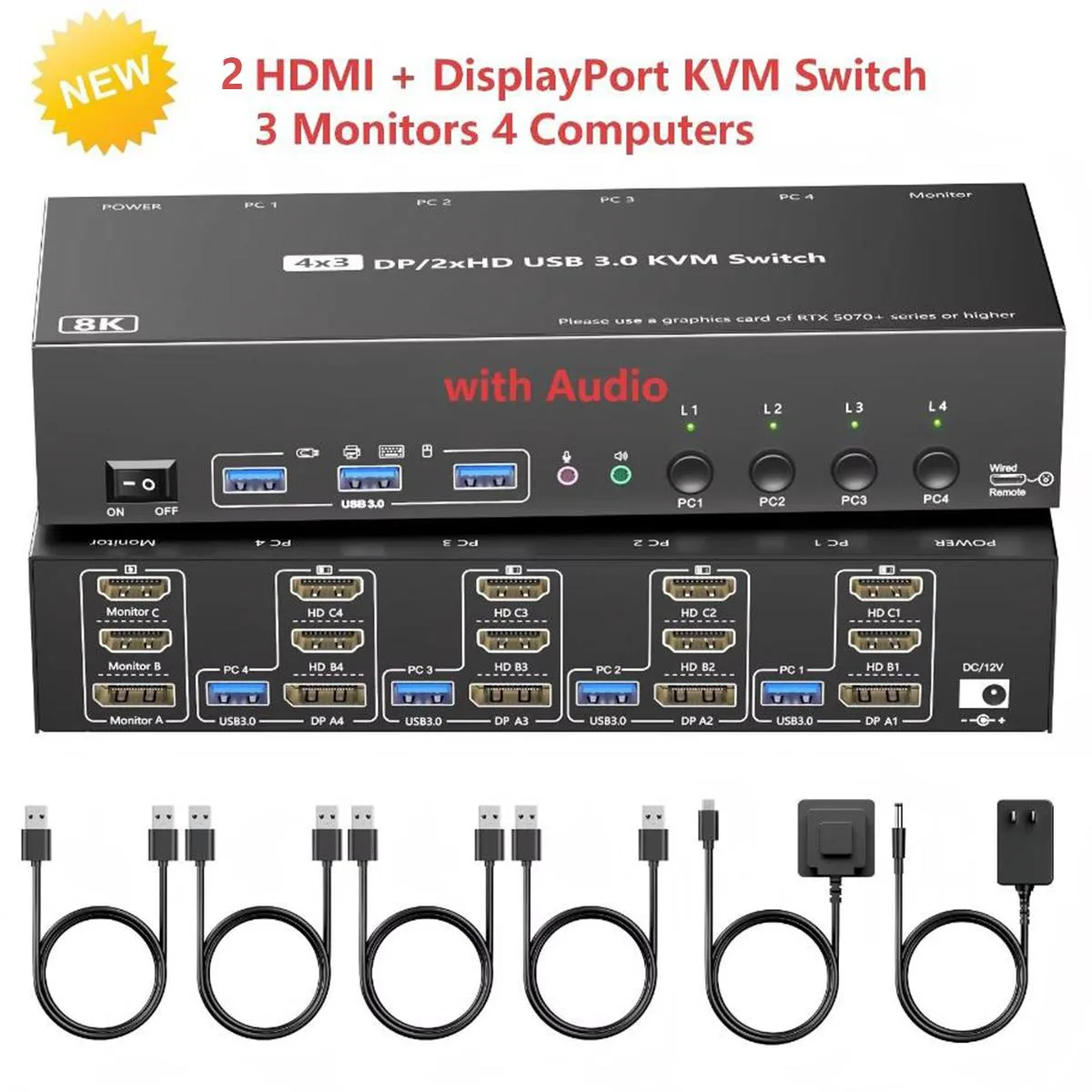 SMA SMA 3 Monitor 4 Computer KVM Switch 8K@60Hz 4K@144Hz 2 HDMI + DP USB 3.0 Wired Remote — product photo