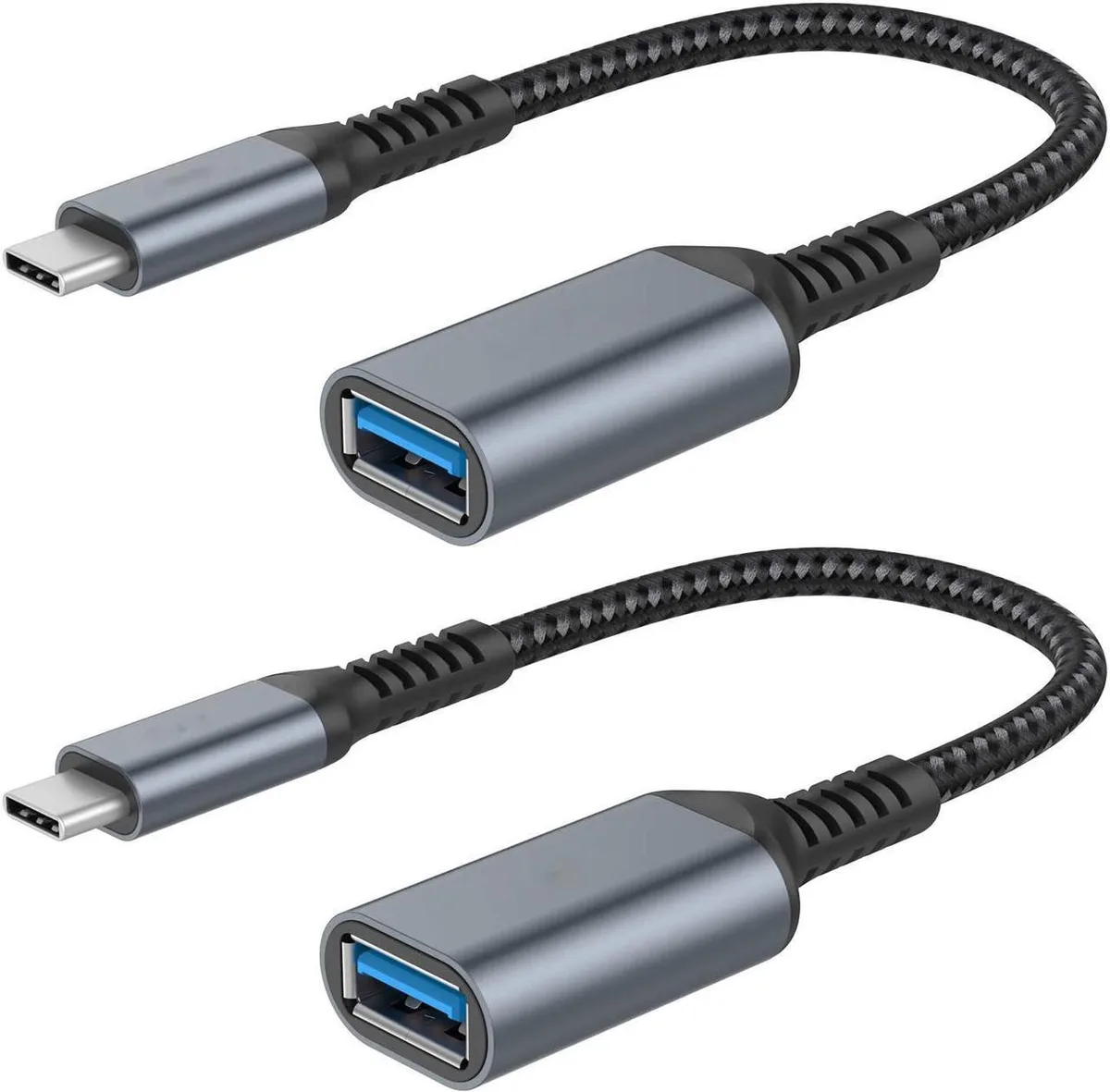 Two short braided USB-C to USB-A adapters with aluminium ends