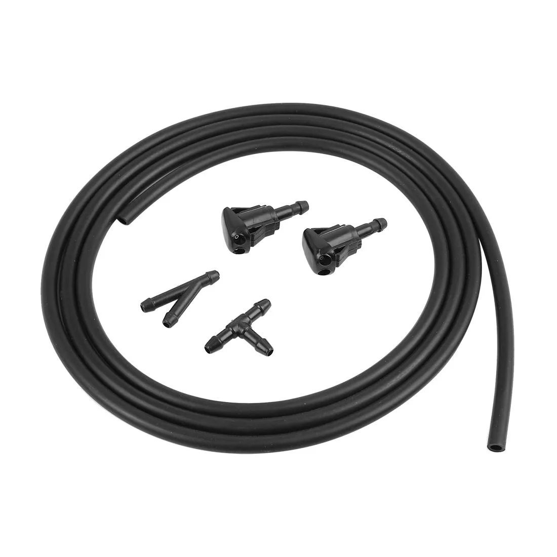 Two black plastic windshield washer nozzles with hose and connectors