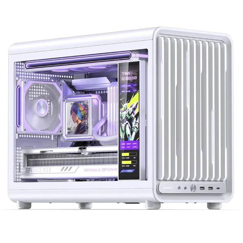 White Micro ATX case with tempered glass side panel and brushed aluminium front I/O
