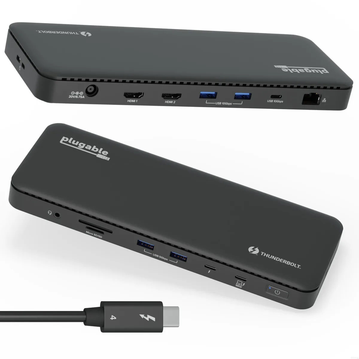 Compact silver docking station with multiple ports on front and back