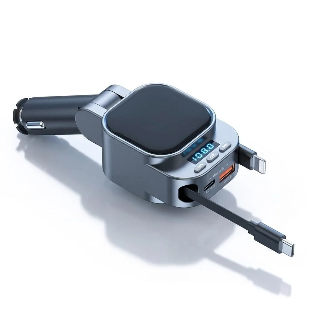 Black Scosche BC62 Bluetooth 5.3 FM transmitter with retractable USB-C and USB-A cables, 180-degree rotatable 12V plug