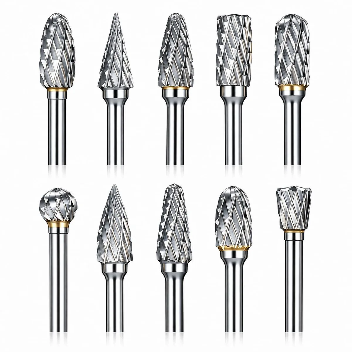 Ten carbide burrs in a plastic case with two brass collets