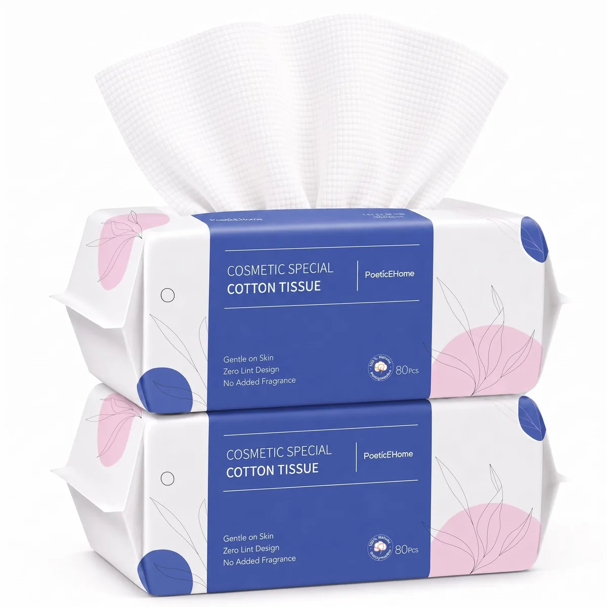 Two packs of white square cotton facial towels, 80 sheets each, 7.9 inches