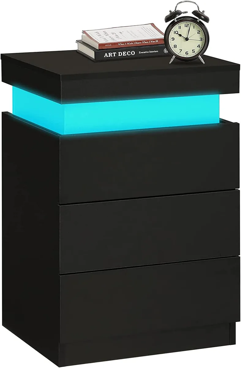 Black nightstand with sliding top drawer and built-in charging station