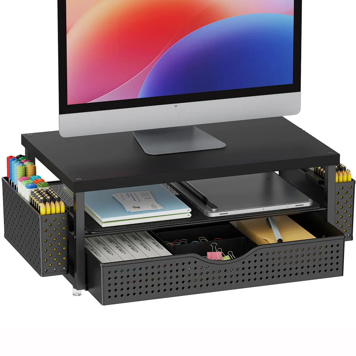  StarTech.com D-3-2 Wood Monitor Stand with Drawer, Black, 44 lb, 15.74 x 10.2 x 5.9 in — product photo