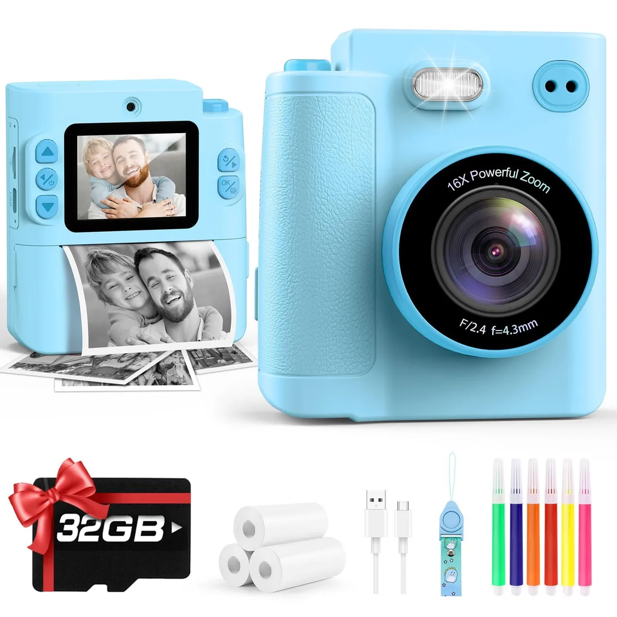 Yunaking X8D-Blue Instant Print Camera 2.0" 48MP 1080P 16x 18 frames Blue — product photo