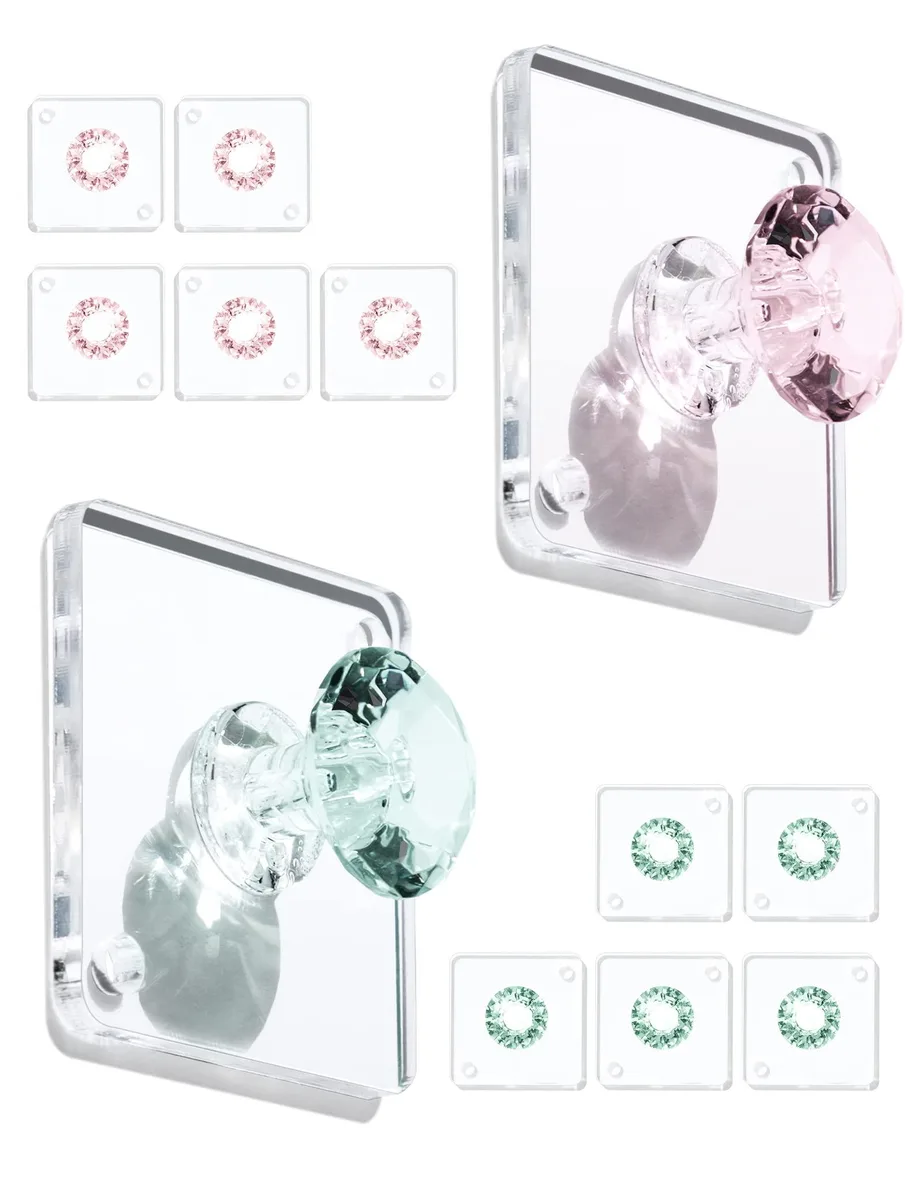 Twelve diamond-shaped acrylic hooks in green and pink with adhesive backing