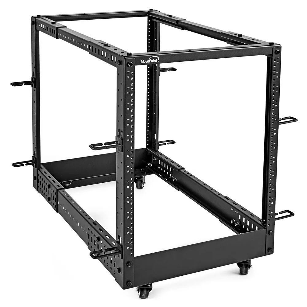 Black 12U four-post open frame server rack, adjustable depth 22 to 40 inches, powder-coated steel with casters