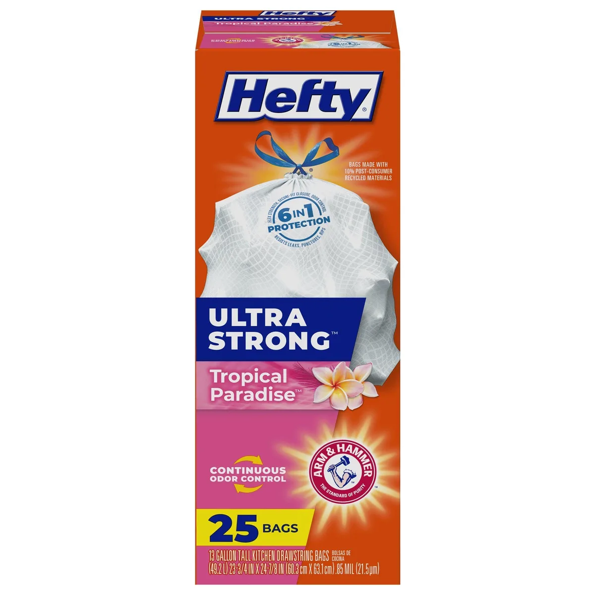 Hefty Ultra Strong Tall Kitchen Trash Bags Tropical Paradise 13 Gallon 25 Count — product photo
