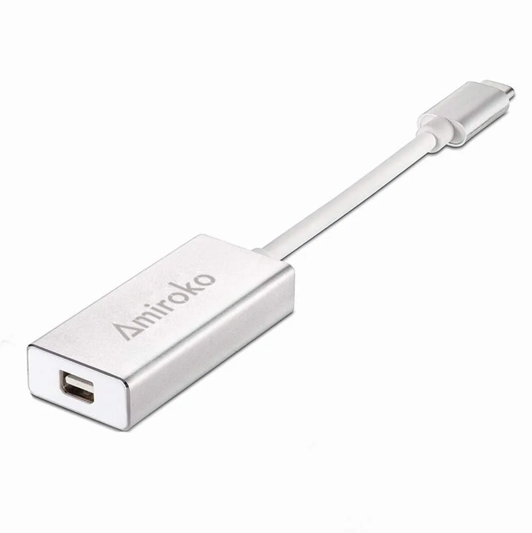 Silver USB-C to Mini DisplayPort adapter, compact rectangular form, 6.21 by .41 by .91 inches