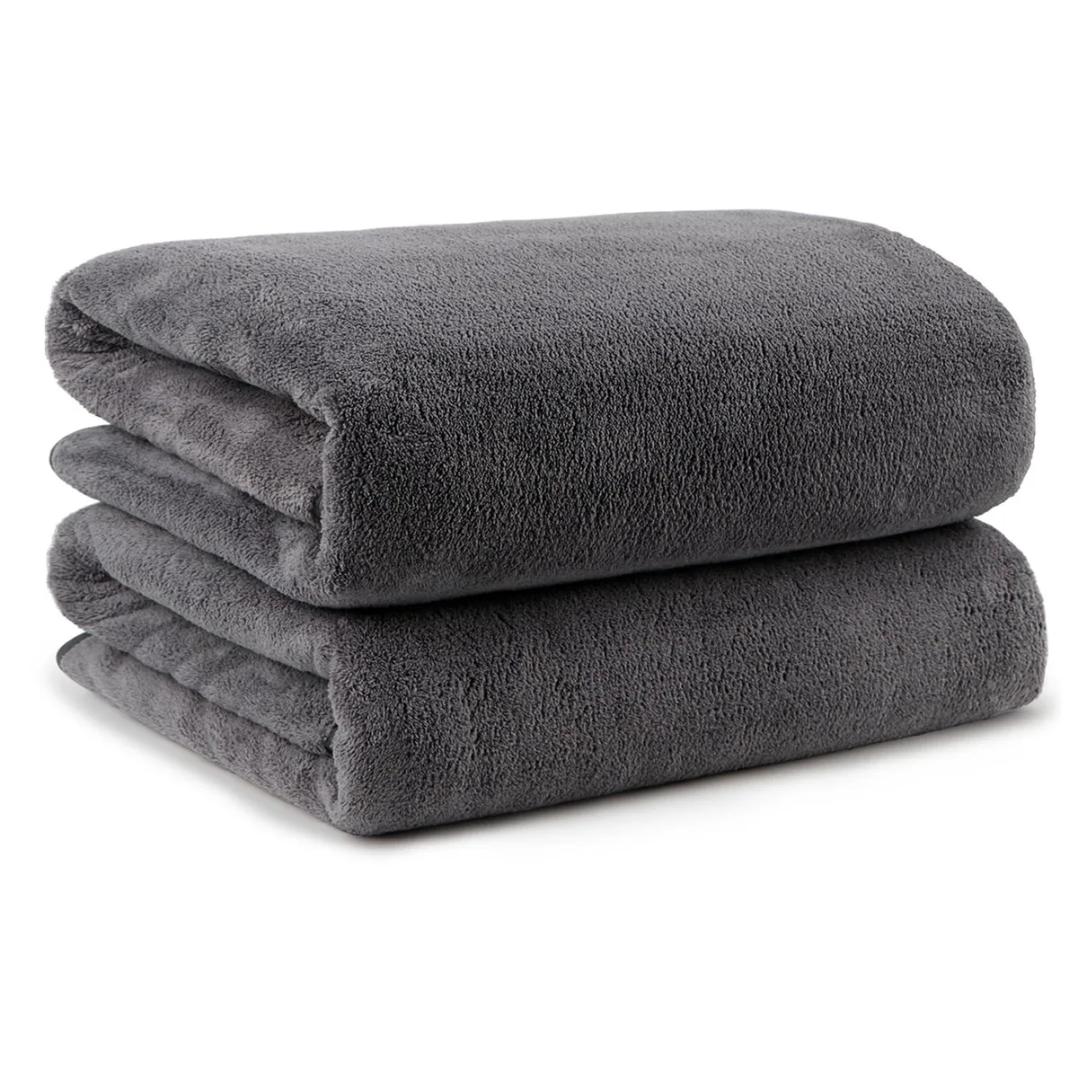 Two soft grey microfiber bath towels with hanging loops