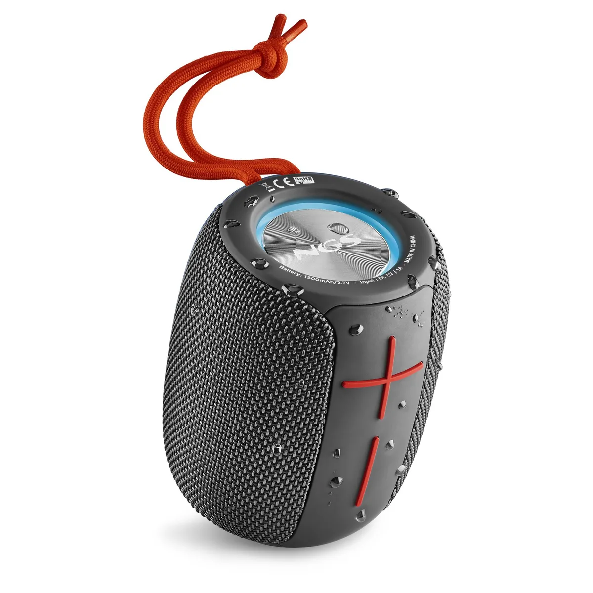 Black portable speaker with cylindrical shape and fabric finish