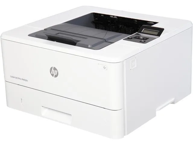 White rectangular HP LaserJet Pro M402N mono laser printer with toner bundle