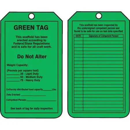 Pack of 25 green cardstock status alert tags with mounting holes