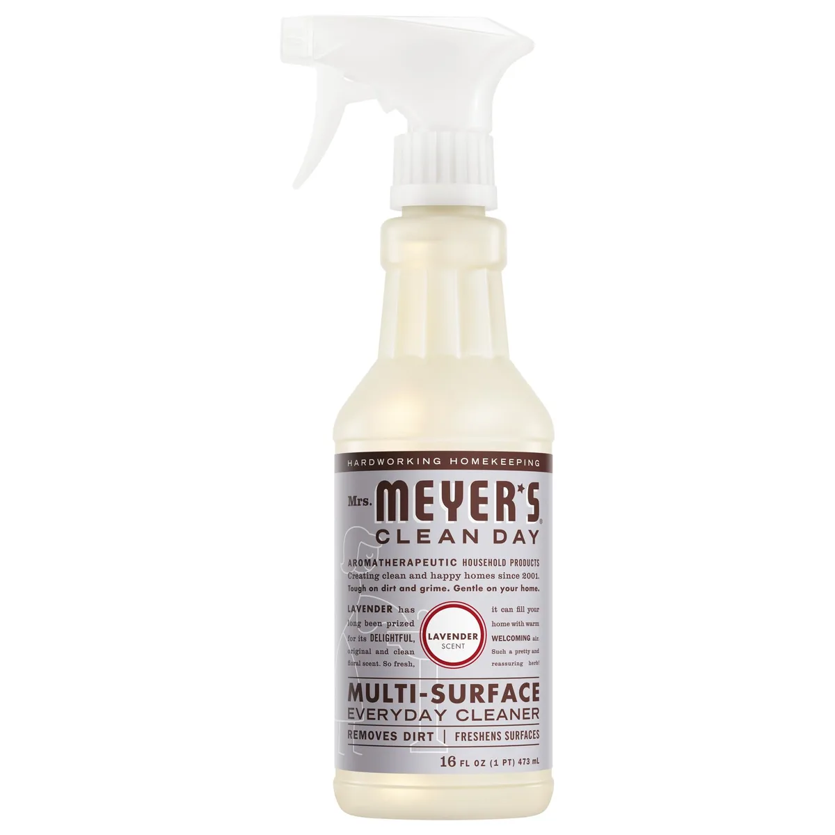Clear spray bottle with trigger, lavender label, 16 fl oz