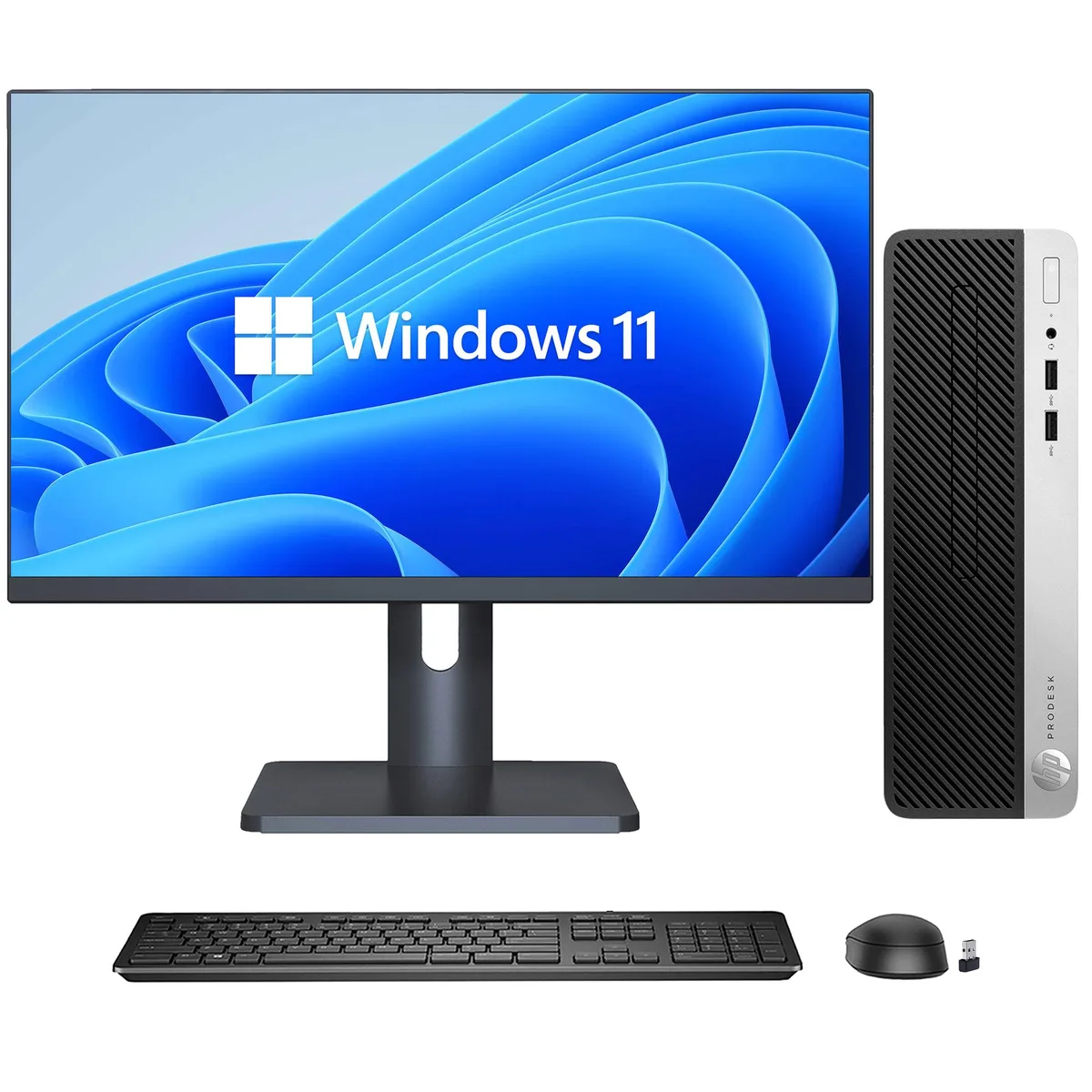 HP HP ProDesk 400 G5 SFF desktop PC, 27" monitor, i3-8100 3.6GHz, 8GB DDR4, 1TB SSD, Windows 11 Pro — product photo